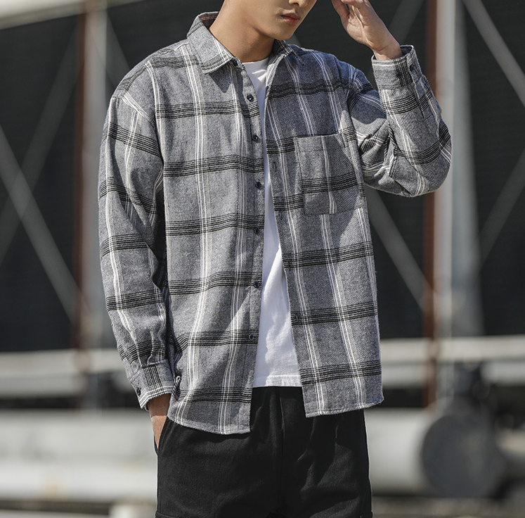 Men Plaid Shirt Fashion Loose Large Size