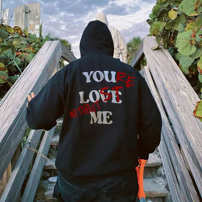 Men's Thickened Sweater Plain Letter Print Kangaroo Pocket Drawstring Bubble Print Hoodie