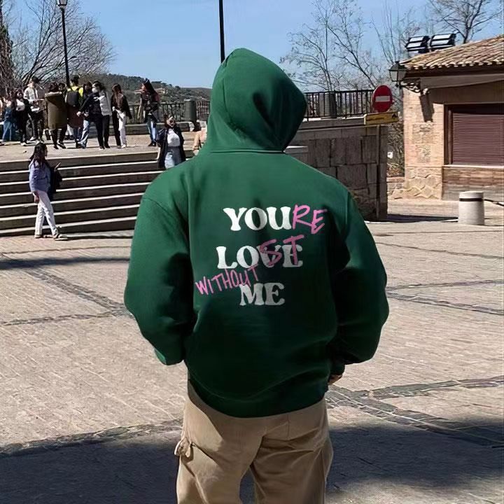 Men's Thickened Sweater Plain Letter Print Kangaroo Pocket Drawstring Bubble Print Hoodie