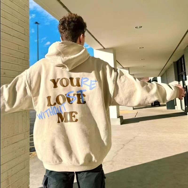 Men's Thickened Sweater Plain Letter Print Kangaroo Pocket Drawstring Bubble Print Hoodie