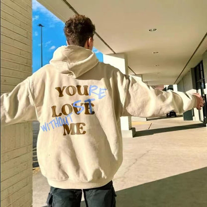 Men's Thickened Sweater Plain Letter Print Kangaroo Pocket Drawstring Bubble Print Hoodie